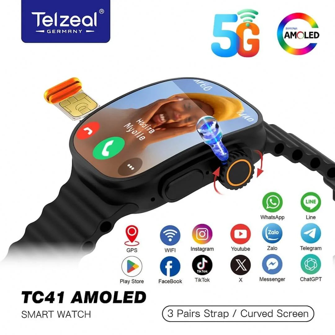 Telzeal TC41 Android watch CURVED screen (real AMOLED), SIM card, scroll camera 180 degree 3 straps