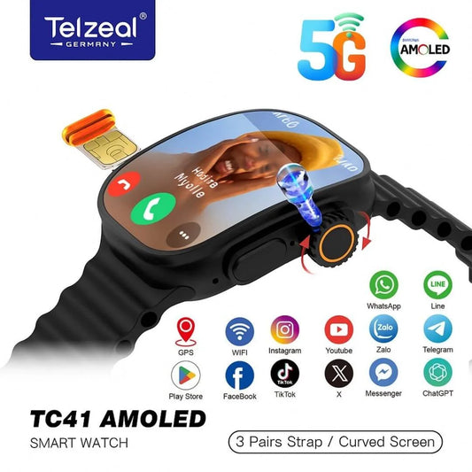 Telzeal TC41 Android watch CURVED screen (real AMOLED), SIM card, scroll camera 180 degree 3 straps