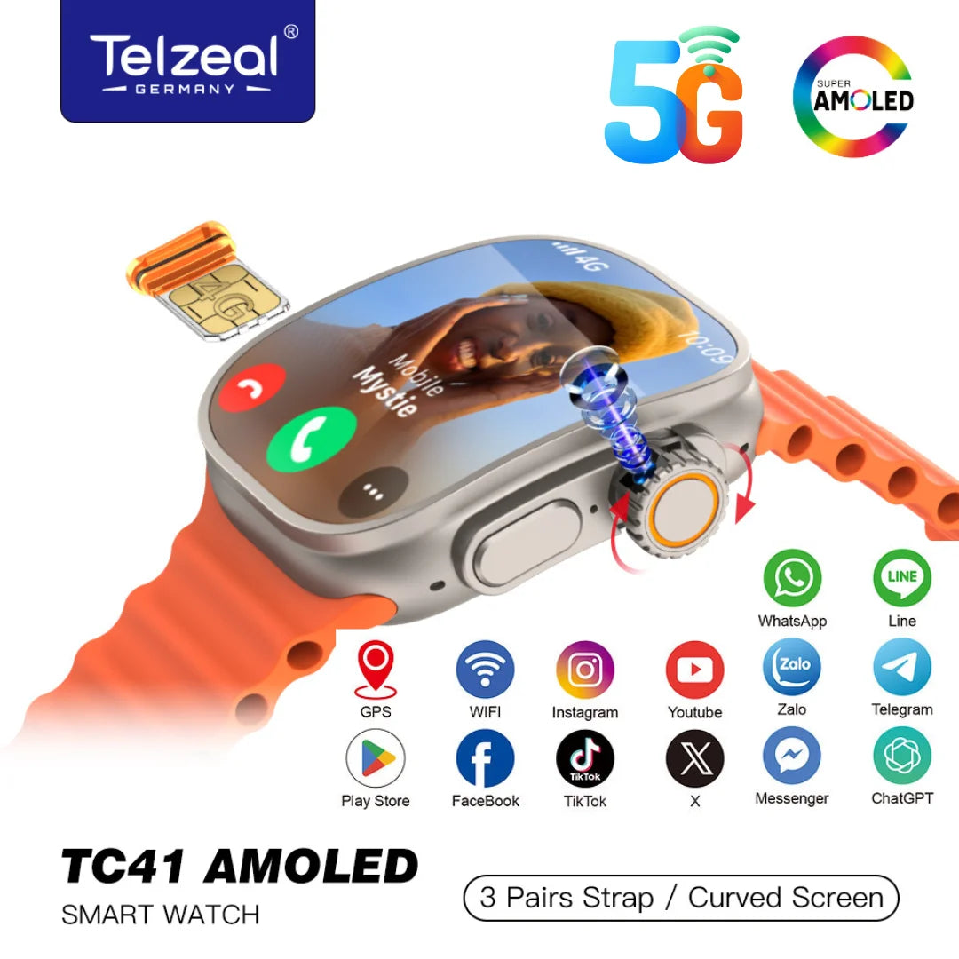 Telzeal TC41 Android watch CURVED screen (real AMOLED), SIM card, scroll camera 180 degree 3 straps