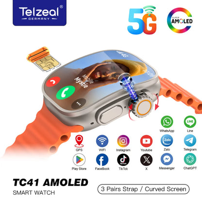 Telzeal TC41 Android watch CURVED screen (real AMOLED), SIM card, scroll camera 180 degree 3 straps